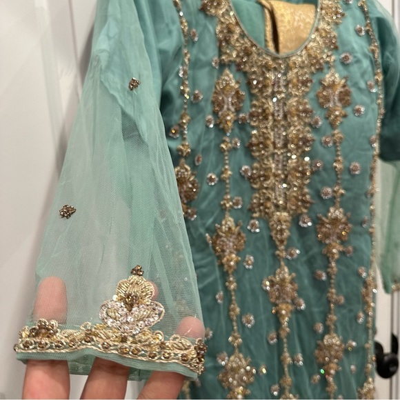 Mint Green and Gold Three-Piece Salwar Kameez Heavy Stonework| Size Approx Large - Picture 4 of 14